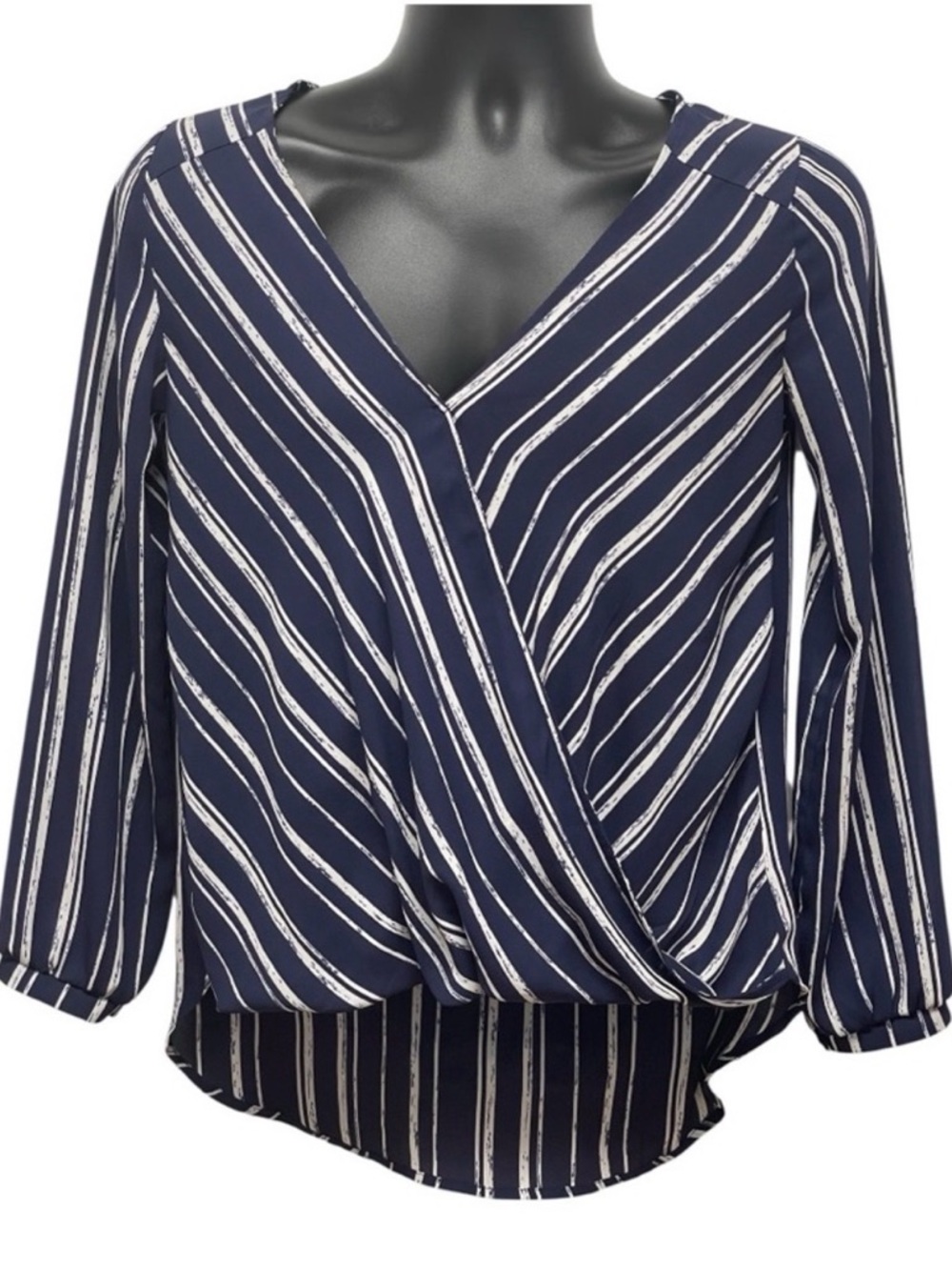 Lush Navy White Striped Wrap Blouse V Neck Top Women Small